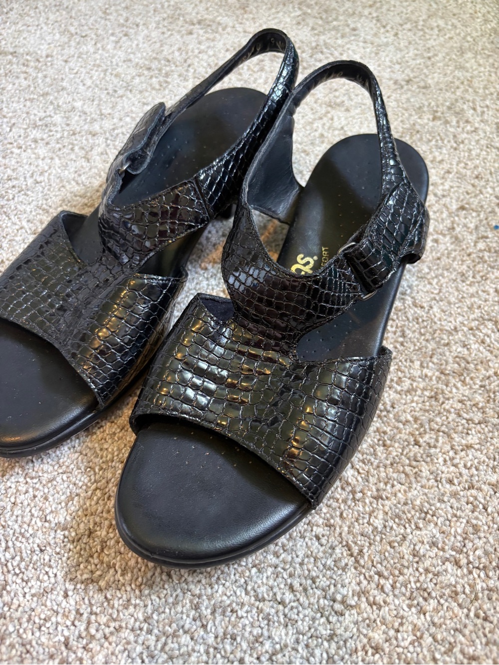SAS Black Women's Slingback Sandals with Croc-Texture Size 9.5 Made in USA